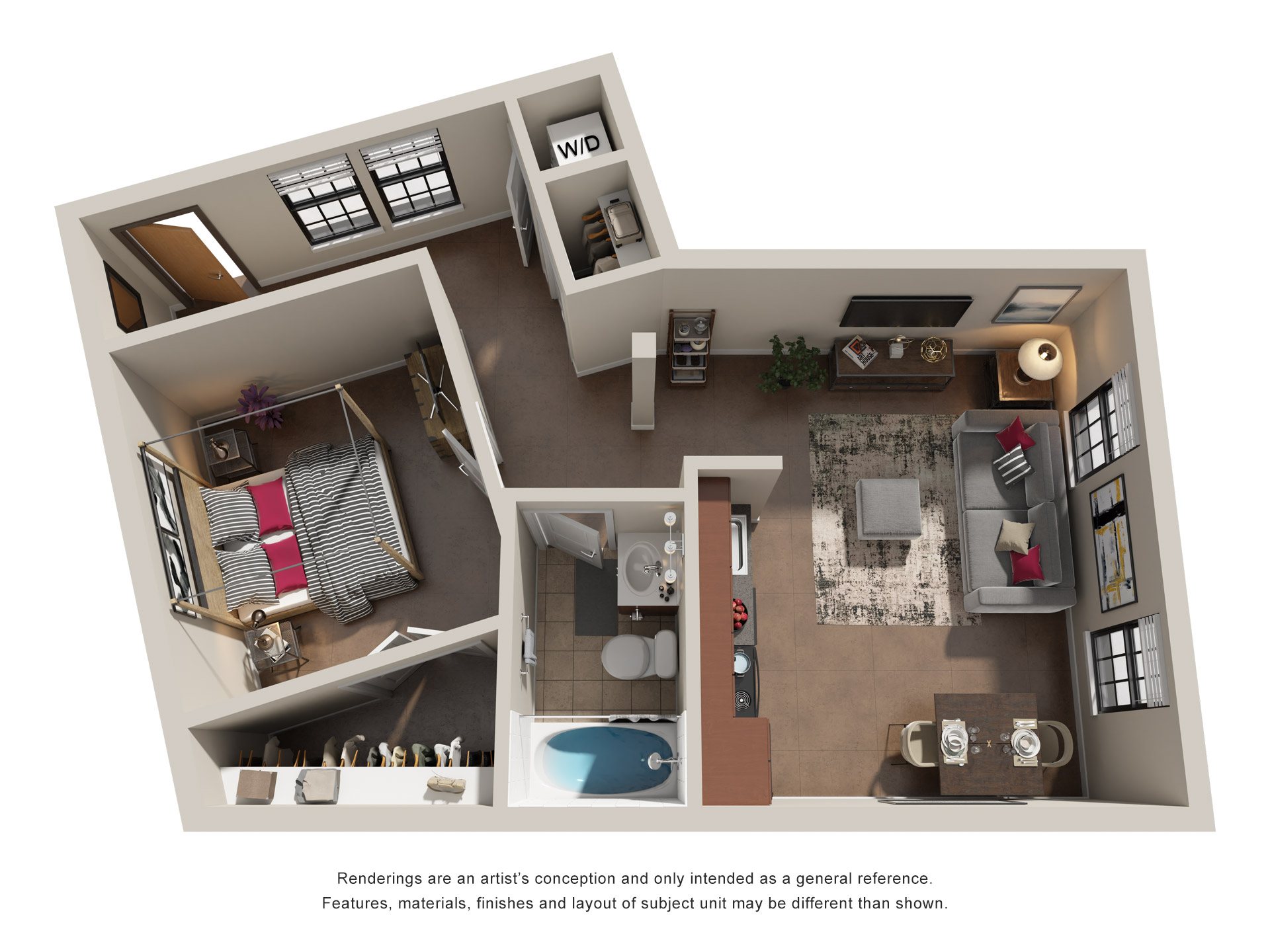 Floor plan for 1 bed, 1 bath, 667 sqft